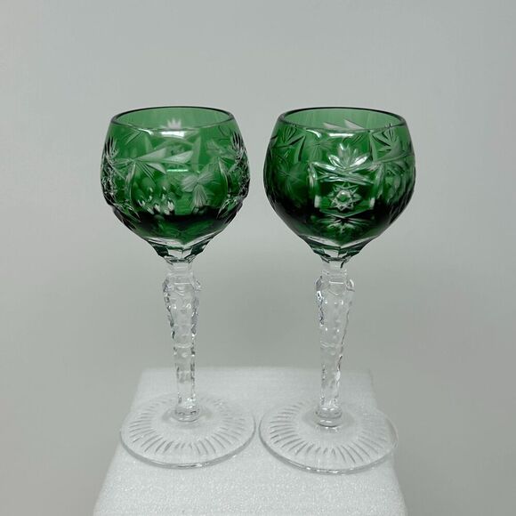 Nachtmann Traube Emerald Green Cordial 4.75” Cut To Clear Crystal Glass Set 2 - Picture 13 of 16